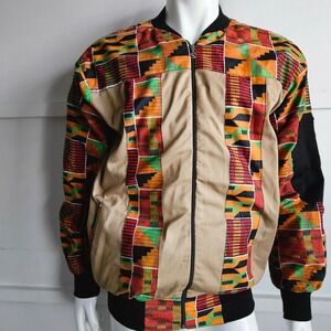 I AM Bomber Jacket Mens Womens Unisex Kente Cloth Print Beige Black Bomber Style